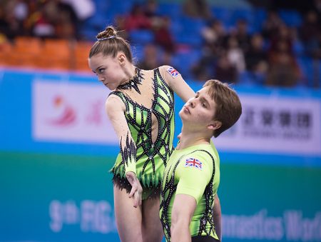 Bronze medal winners Kenedi Cross (left) and Vada Finniear (right) in action at the 2016 World Acrogymnastics Championships in Putian, China.