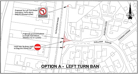 Proposed ban on left turn into Shellmor Avenue, Patchway