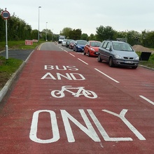 New bus-only lane on Highwood Road, Patchway, Bristol.