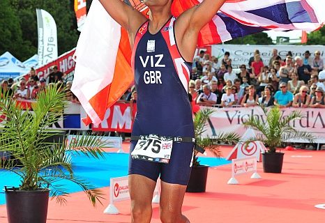 Triathlete Akhil Viz competing in Vichy, France.