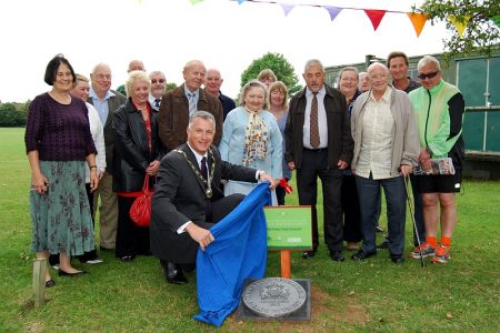 Unveiling of a QE2 Fields in Trust plaque at Scott Park, Patchway.