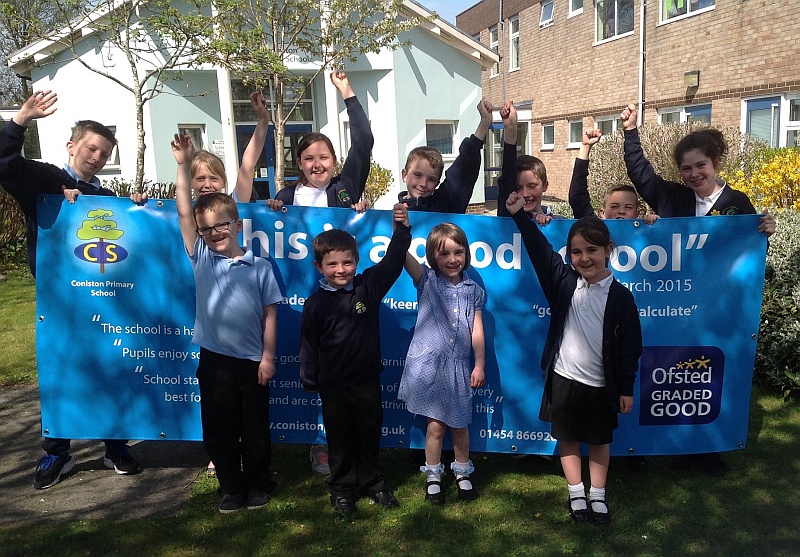 Pupils at Coniston Primary School, Patchway, celebrate the school's 'good' Ofsted report.