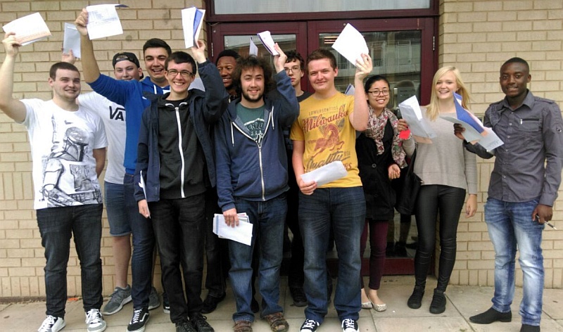 A-level students at Patchway Community College collect their results.