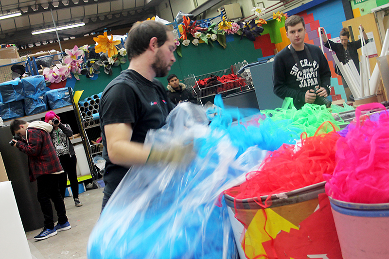 Scrap ripstock from balloon production enters the Children’s Scrapstore warehouse.