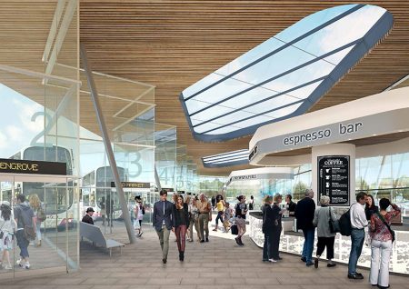 Artist's impression of a proposed new covered bus station at the Mall, Cribbs Causeway, Bristol.