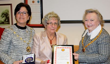 Conferring of the title of Honorary Freeman of Patchway on Win Williams. L-r: Cllr Erica Williams (chair of South Gloucestershire Council), Win Williams and Cllr Eve Orpen (chair of Patchway Town Council).