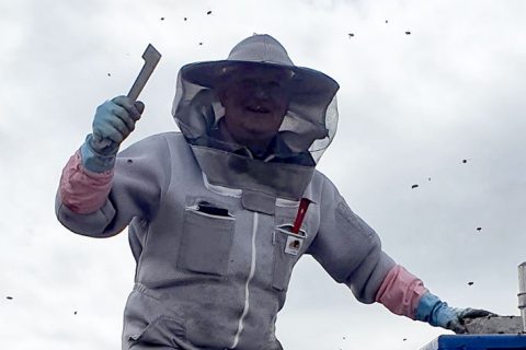 Photo of an apiarist on a roof.