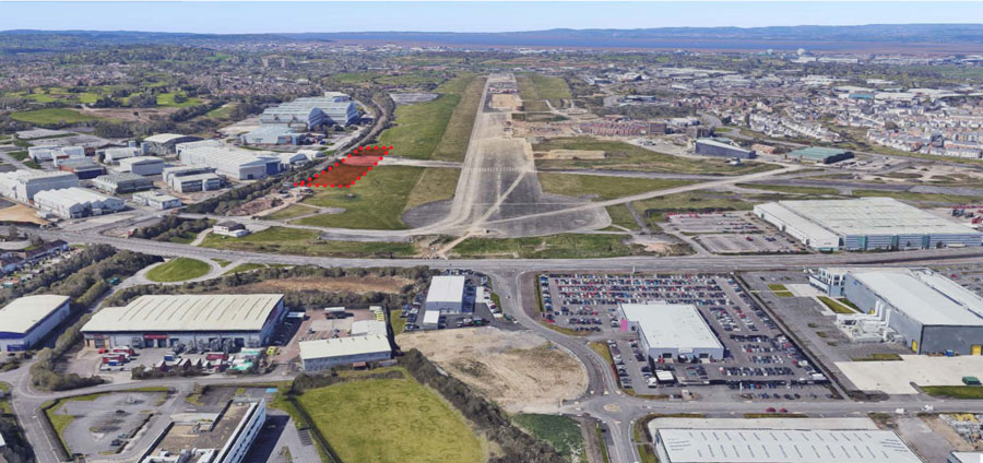 Aerial view showing site of proposed student accommodation blocks (shown in red shading).